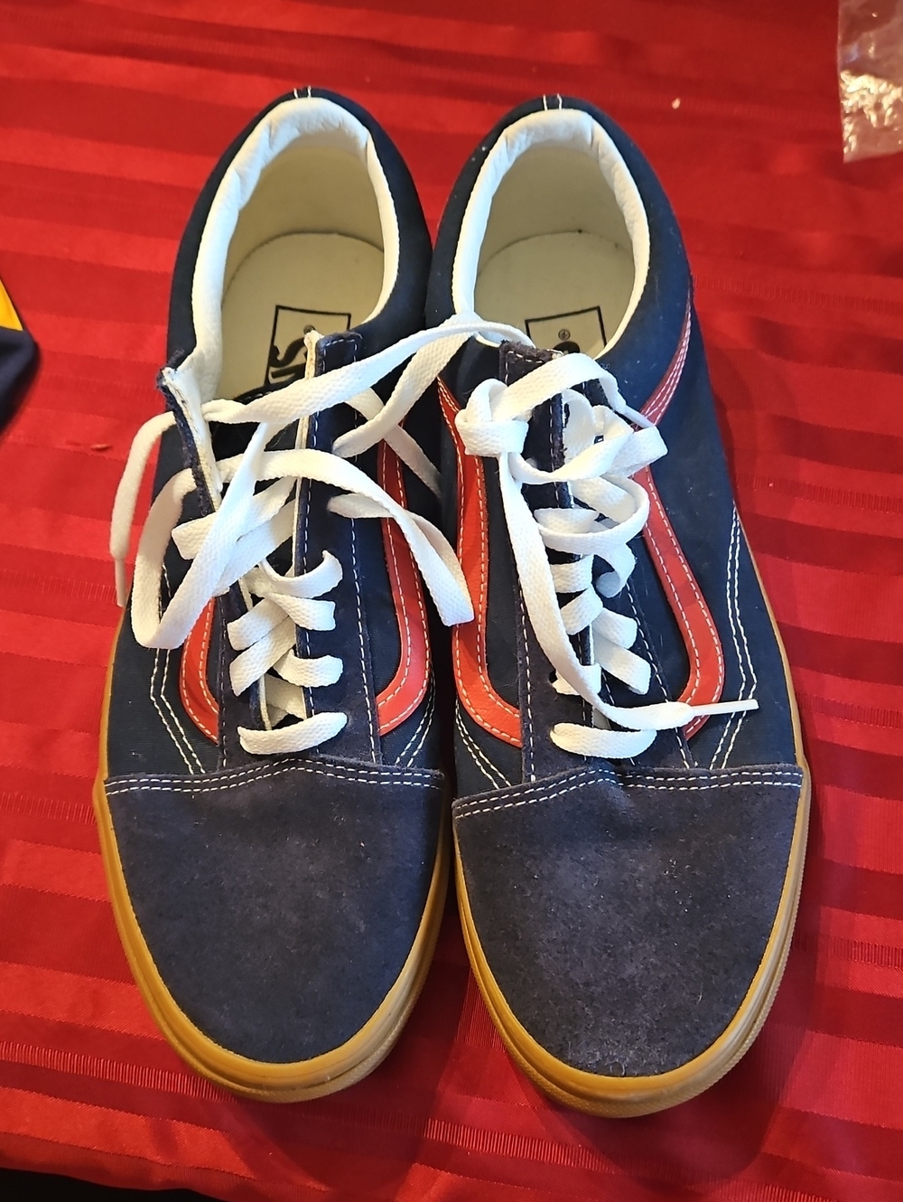 Vans Navy Suede Skate Sneakers with Red Stripe and Gum Sole